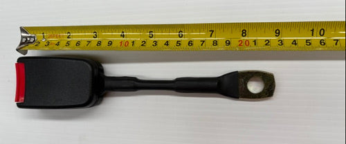 Black metal bracket with red accent on a white background, measured by a tape measure.