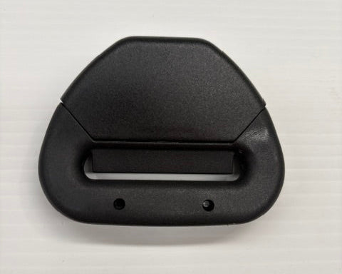 Black plastic seatbelt component on a light gray background