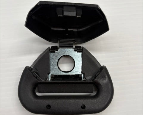 Black seatbelt anchor with cover open