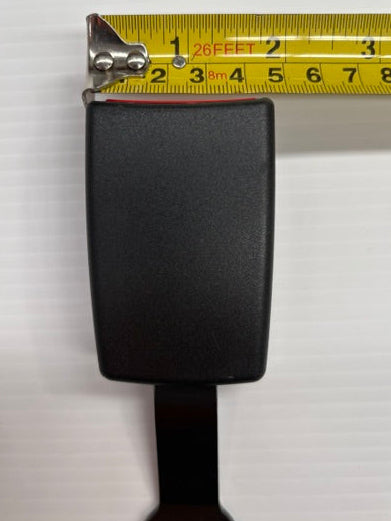 Black seat belt with a measuring tape showing its width on a white background